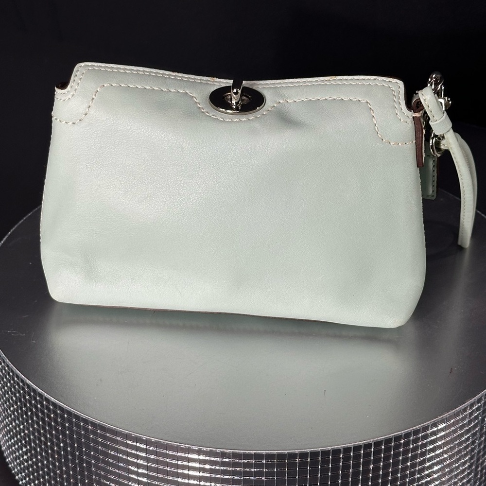 Mint Leather Wristlet Clutch with Turn-Lock Closure